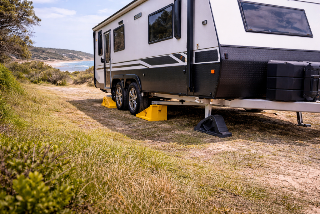 Photo showing a camper trailer parked on uneven ground with levelling ramps placed under one wheel to raise that side of the caravan