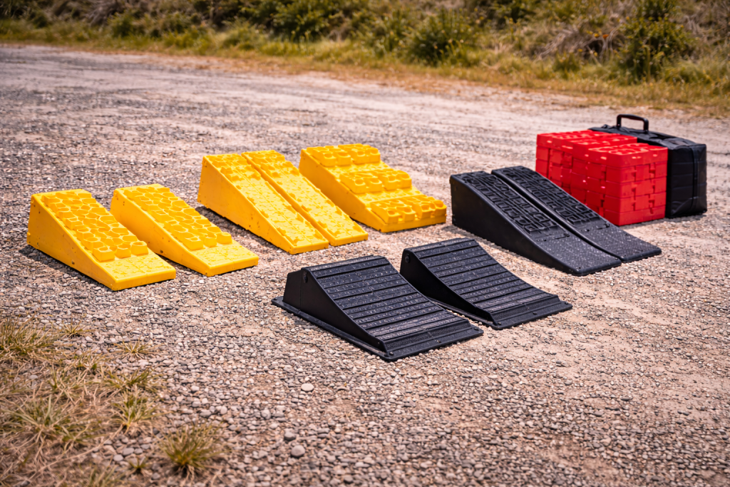 Various styles of caravan levelling ramps (single-step and multi-step) laid out on the ground showing height options.