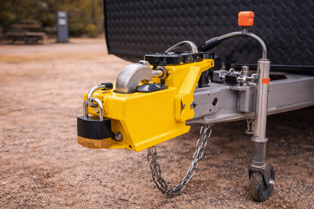 Wheel clamp fitted to a caravan wheel to physically stop it from rolling.