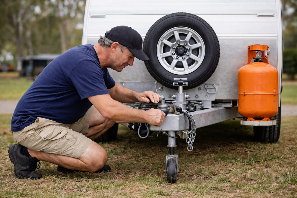 Caravan owner performing routine maintenance checks before travel