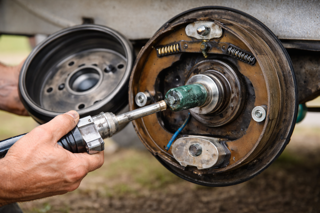 Caravan wheel bearing and brake inspection close-up