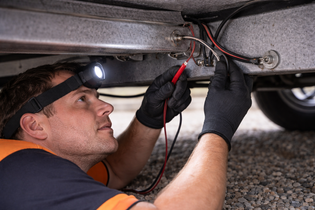Inspecting caravan wiring and earth connections under chassis