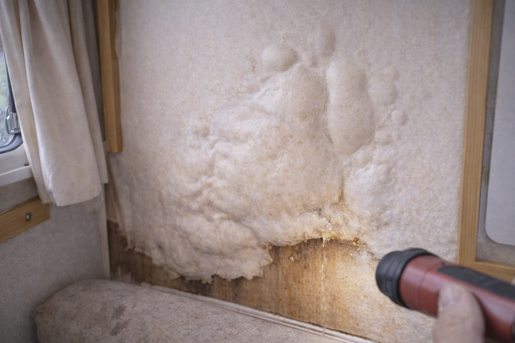 Bubbling caravan wall panel caused by water ingress