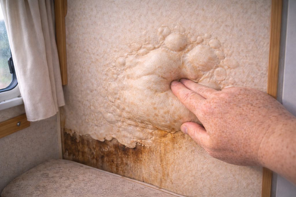 Pressing caravan wall panel to check softness