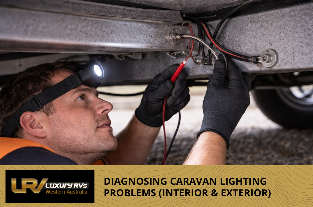 Interior caravan LED lights illuminated, showing typical 12V lighting setup inside caravan.