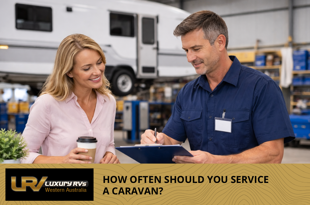 Caravan parked by the roadside with owner checking maintenance tasks before travel.