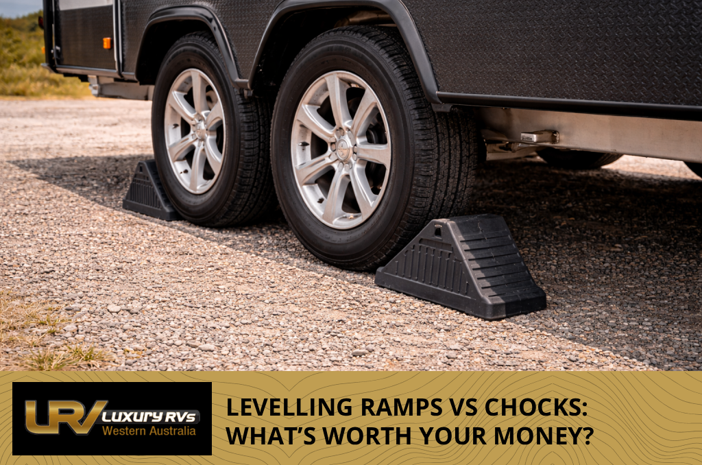 Photo of a caravan levelling ramp placed under a wheel showing the ramp’s ridged surface and height steps.