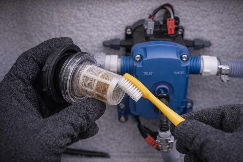 Cleaning caravan water pump inlet filter