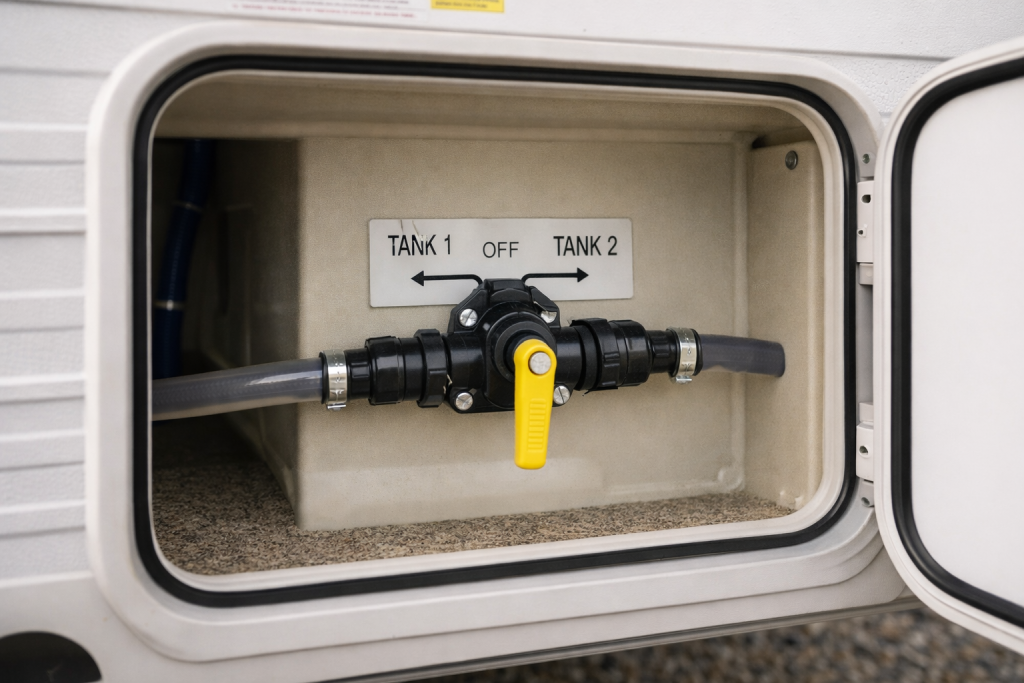 Caravan water tank valve and selector inspection