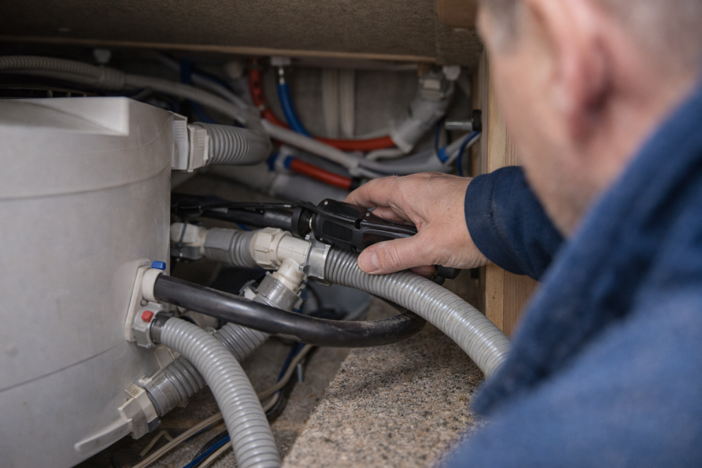 Inspecting caravan plumbing for blockages or kinks 