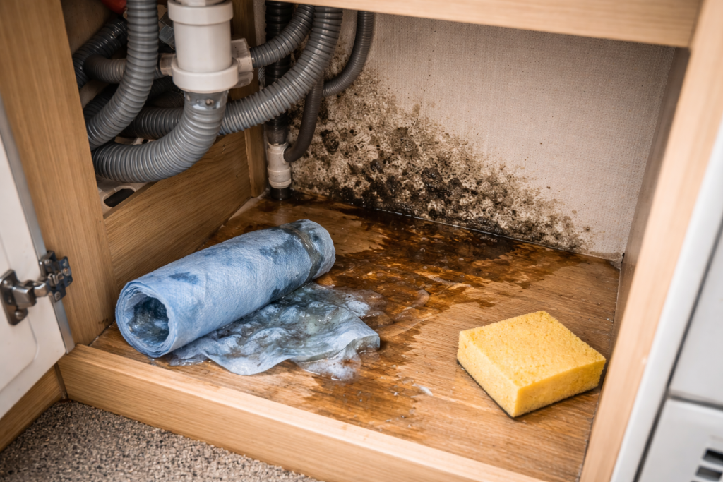 Water damage inside caravan cupboard from plumbing leak