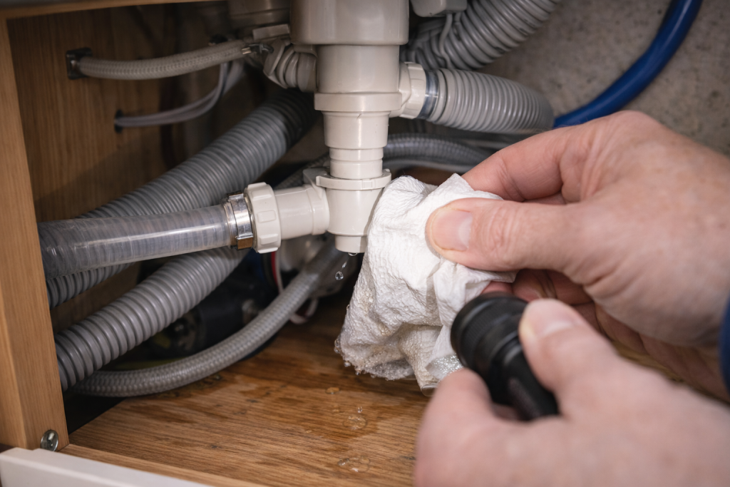 Inspecting caravan plumbing fittings for water leaks