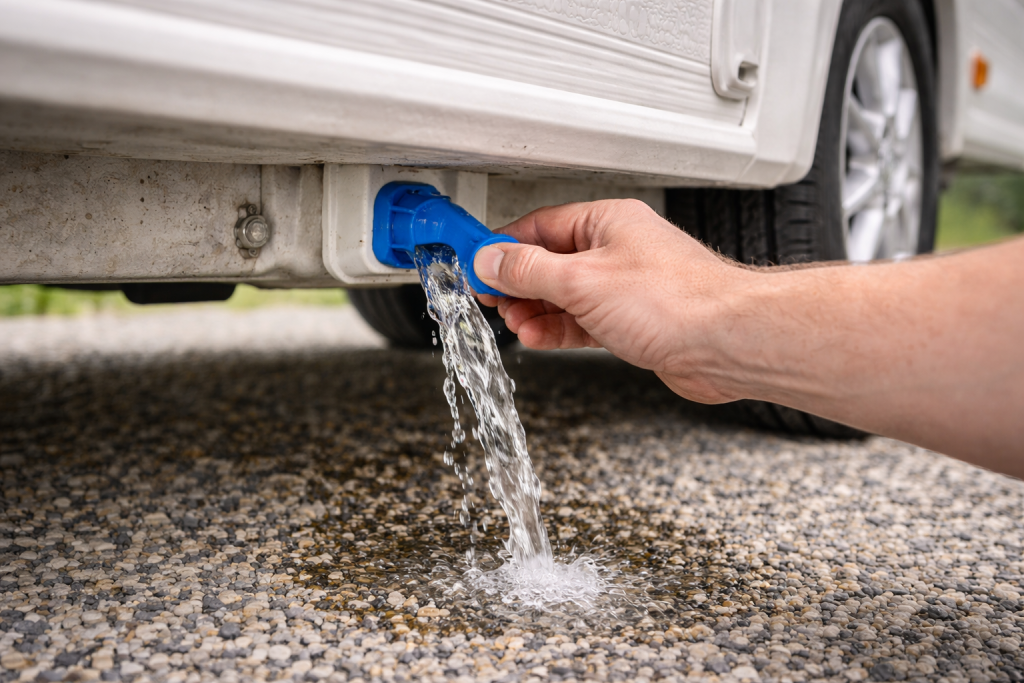 Draining caravan water tank before cleaning