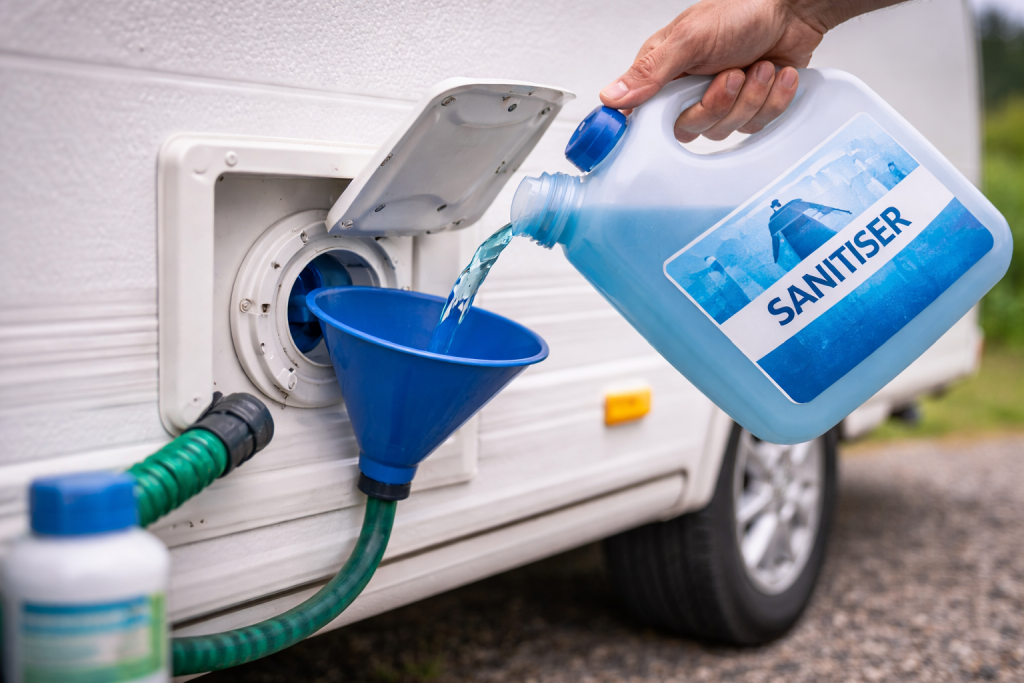 Adding sanitising solution to caravan water tank