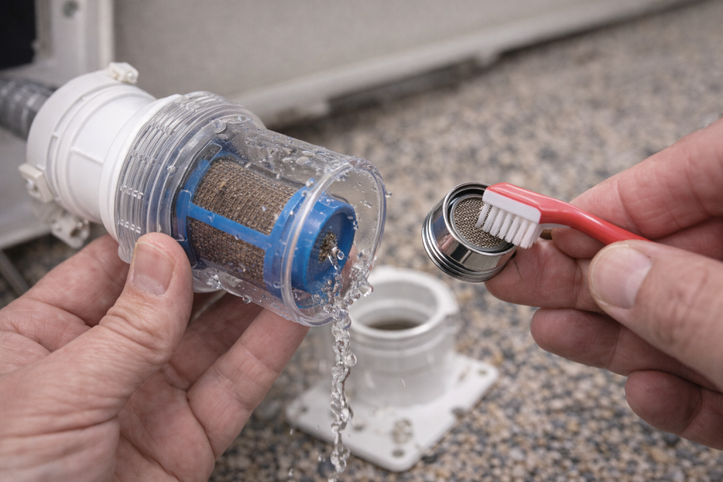 Cleaning caravan water pump filter and tap aerator