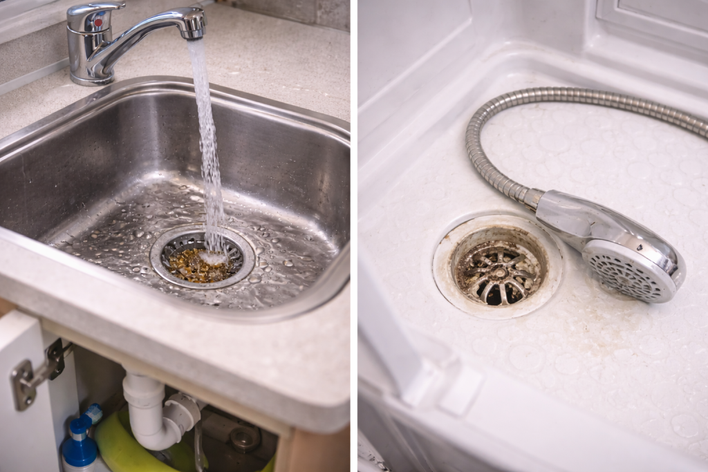 Caravan sink and shower drains where grey water smells originate