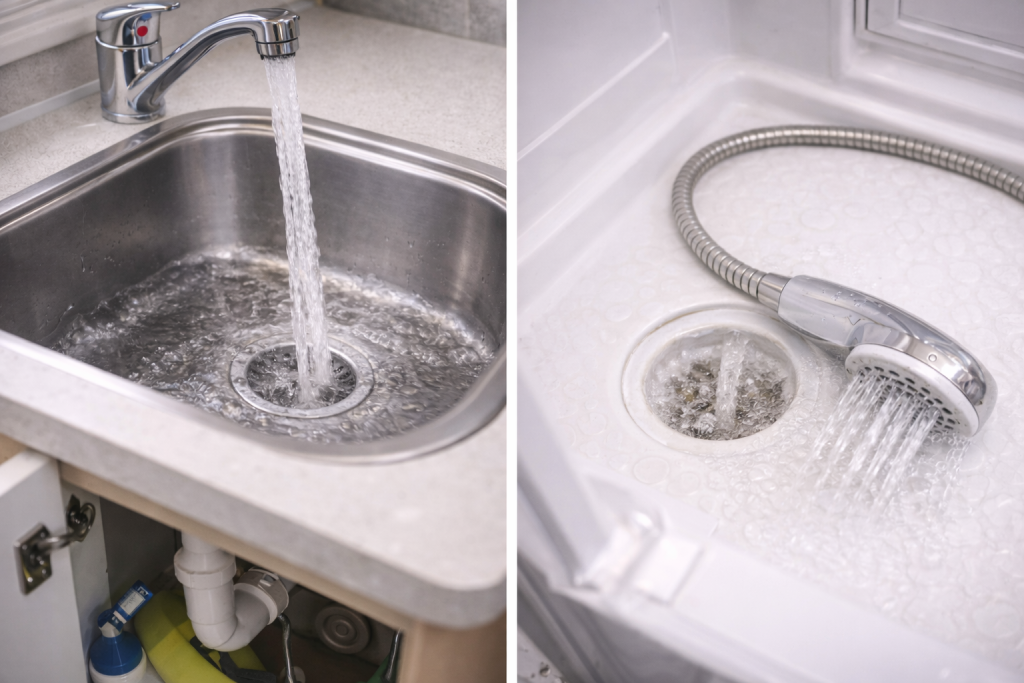 Flushing caravan grey water system through sink and shower