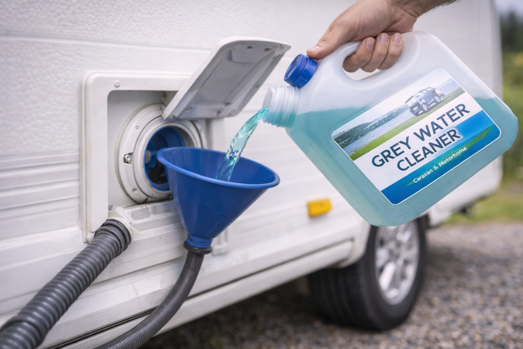Adding cleaning solution to caravan grey water tank