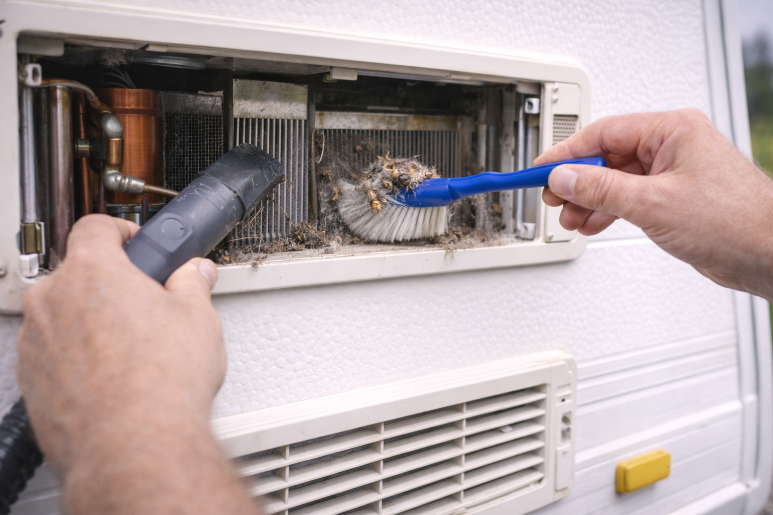 Cleaning dust and insects from caravan fridge vent