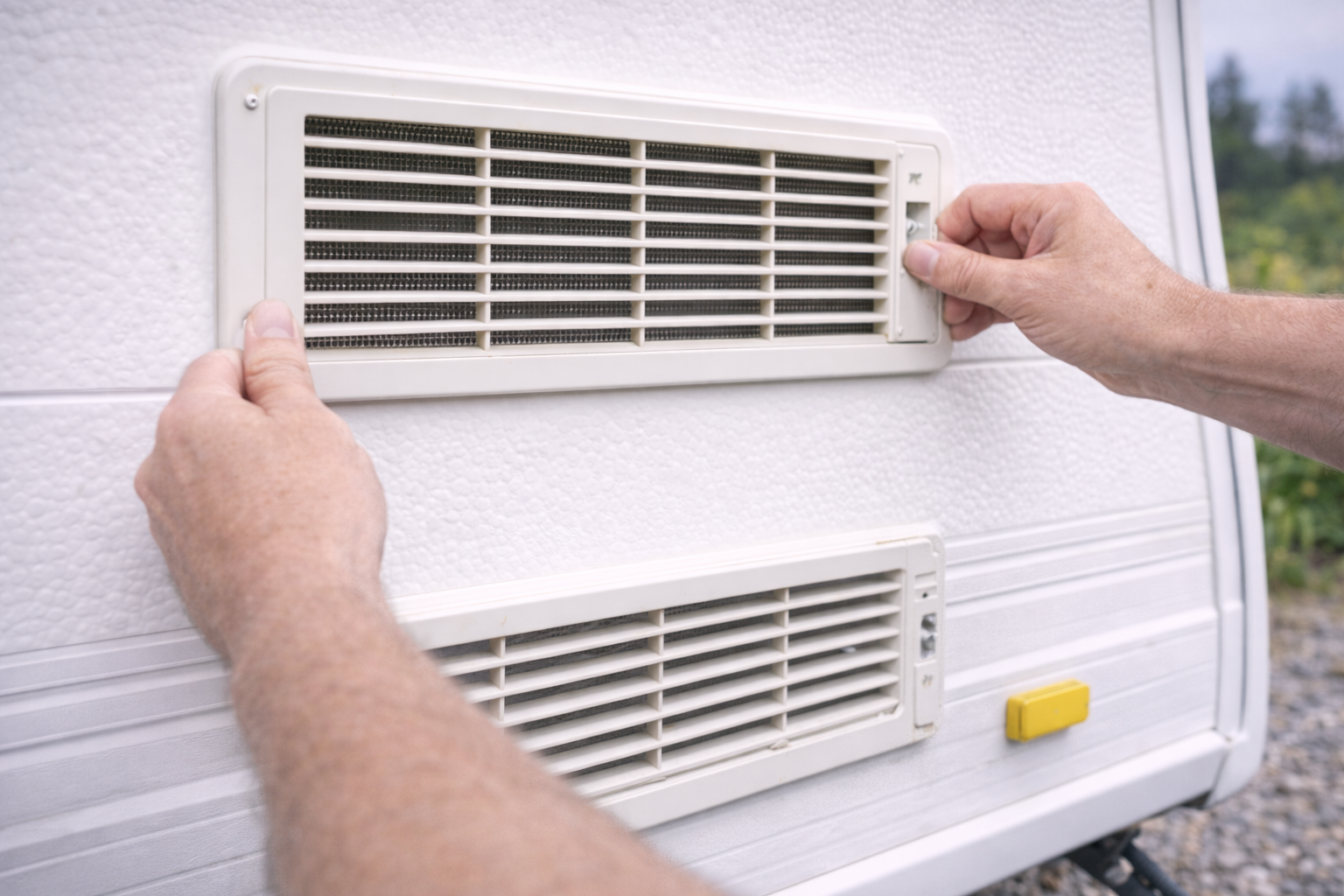 Refitting clean caravan fridge vent cover