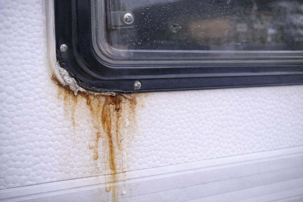 Water leak around caravan window frame