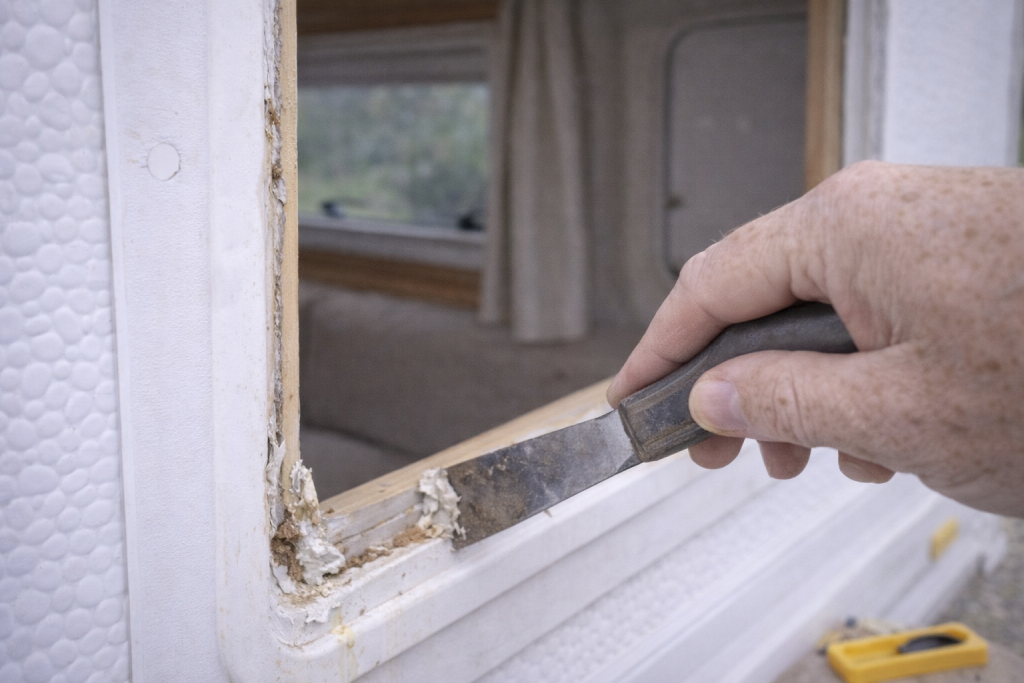 Cleaning old sealant from caravan window frame