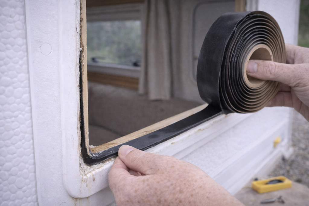 Applying butyl tape to caravan window frame