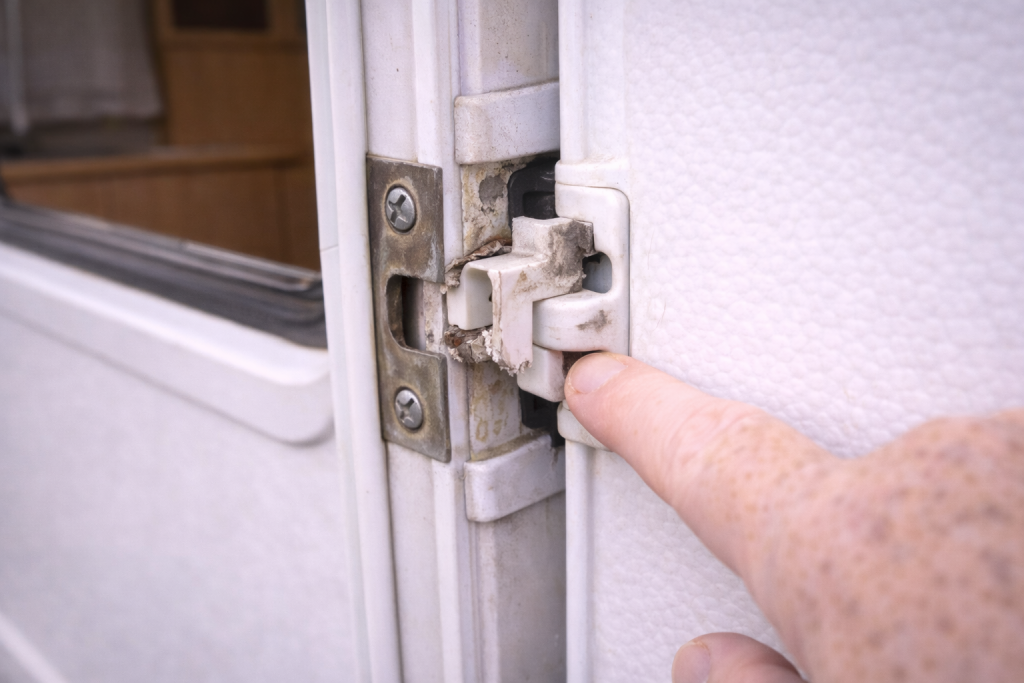 Misaligned caravan door latch causing wear