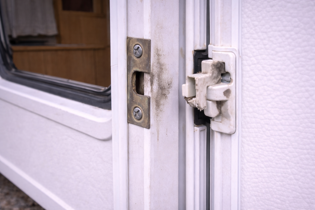 Inspecting caravan door catch and striker plate
