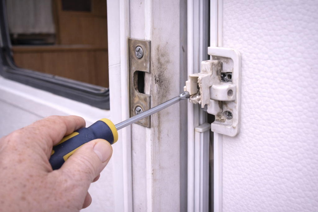 Removing caravan door catch or lock