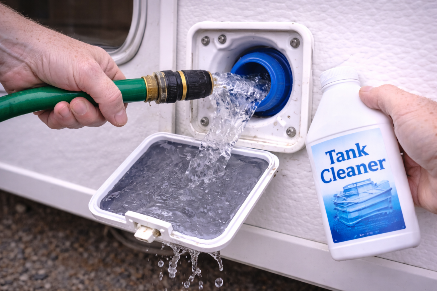 Flushing caravan water tank before storage