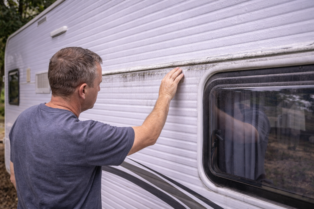 Inspecting caravan exterior after long-term storage