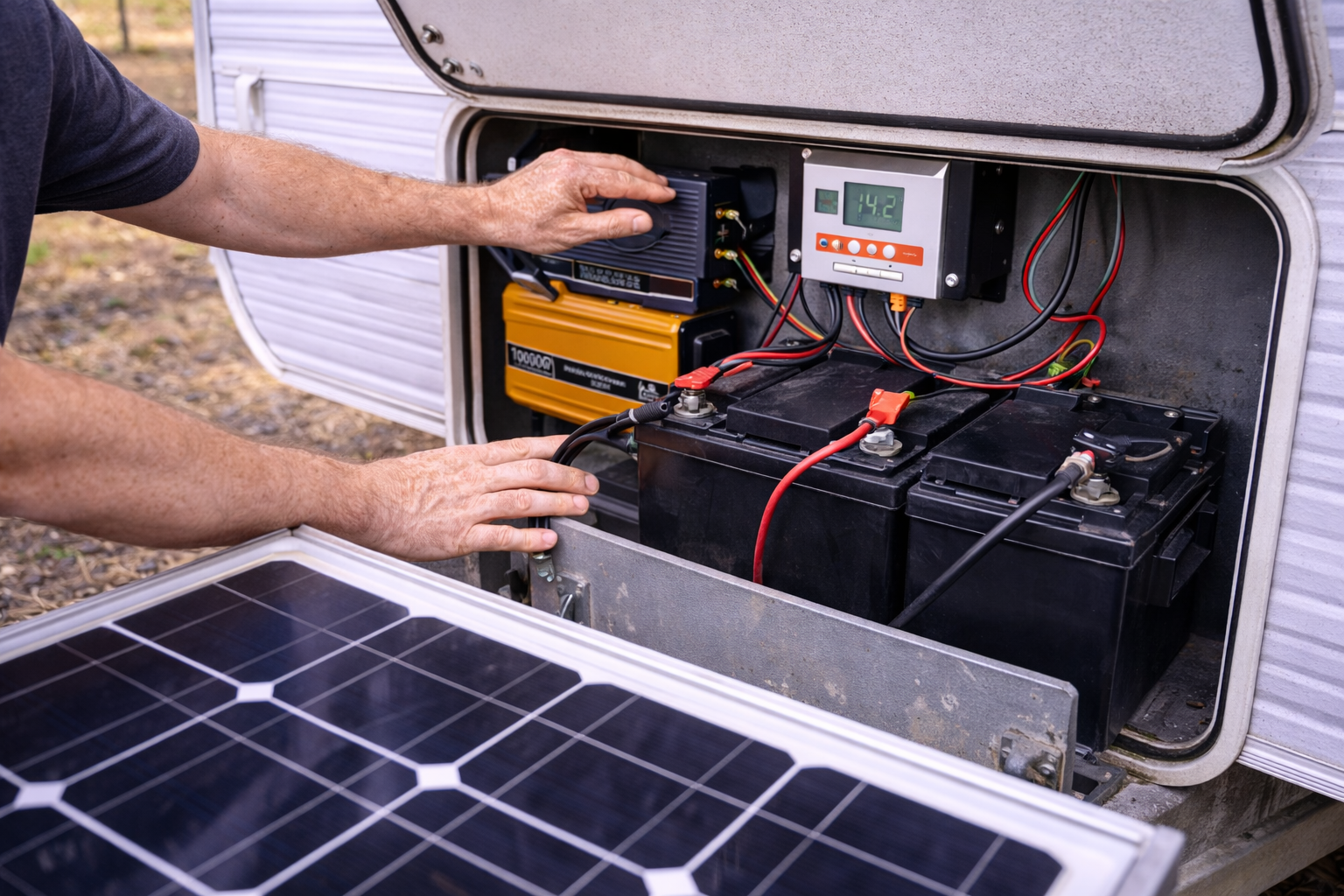 Off-grid caravan battery and solar setup inspection 
