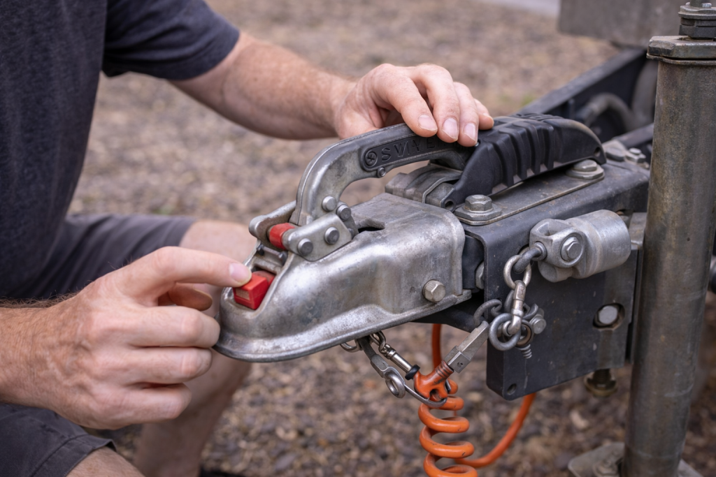 Inspecting caravan tow coupling for wear and damage