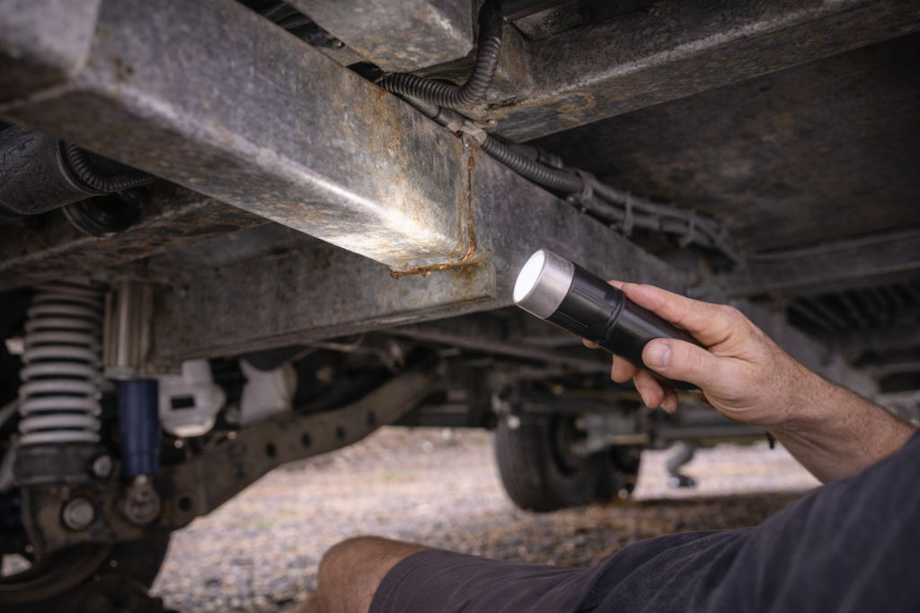 Inspecting caravan chassis rails underneath