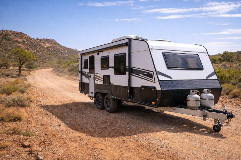 Off-road caravan on a gravel road in regional Western Australia