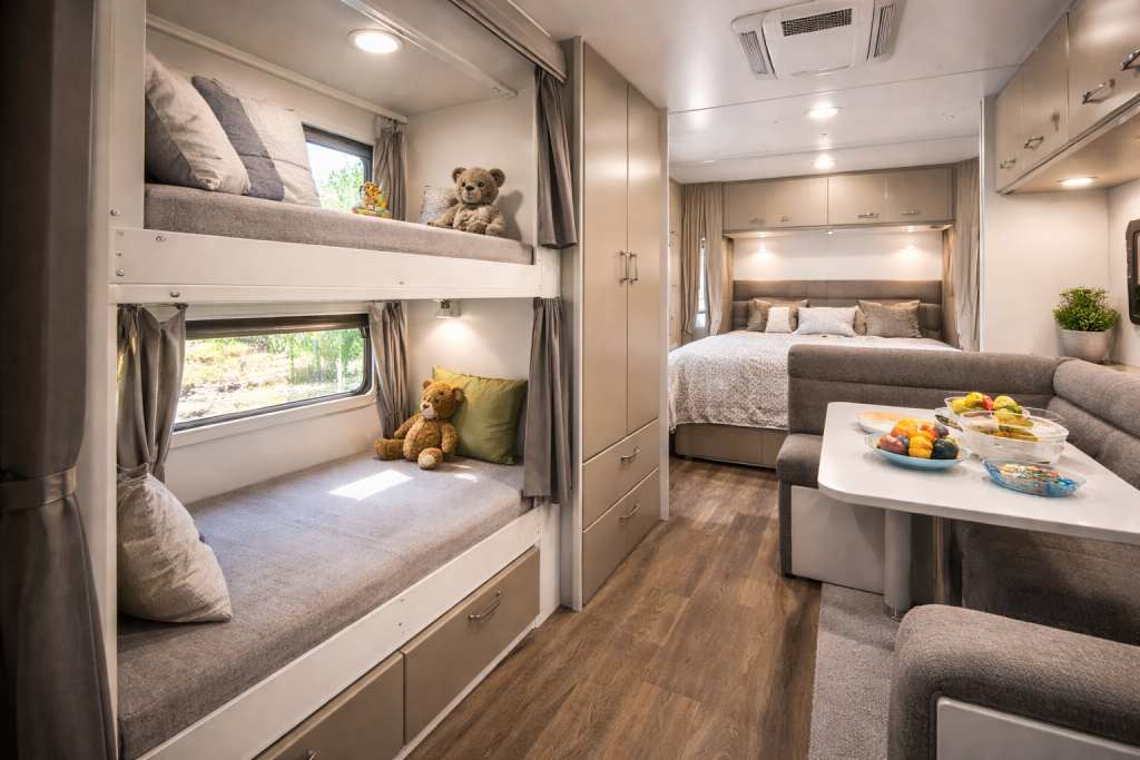 Family caravan interior with bunk beds