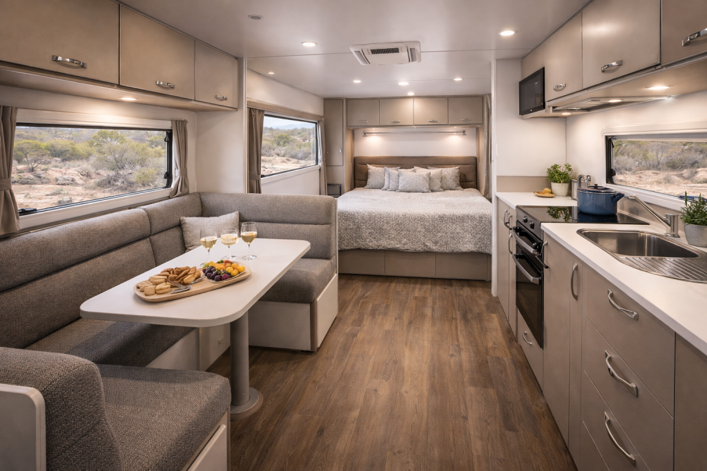 Couples caravan with open-plan interior layout