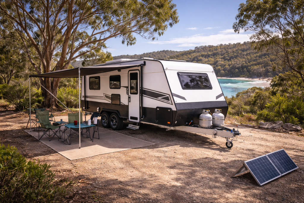 Single axle caravan parked at a WA campsite
