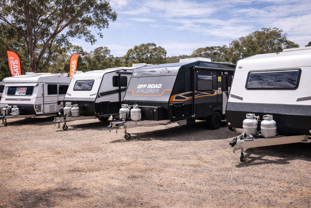 Different caravan types displayed at a WA dealership