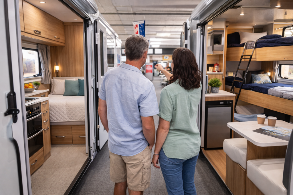 Comparing caravan layouts inside a showroom