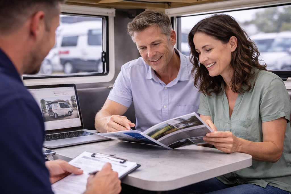 Couple discussing caravan options before purchase