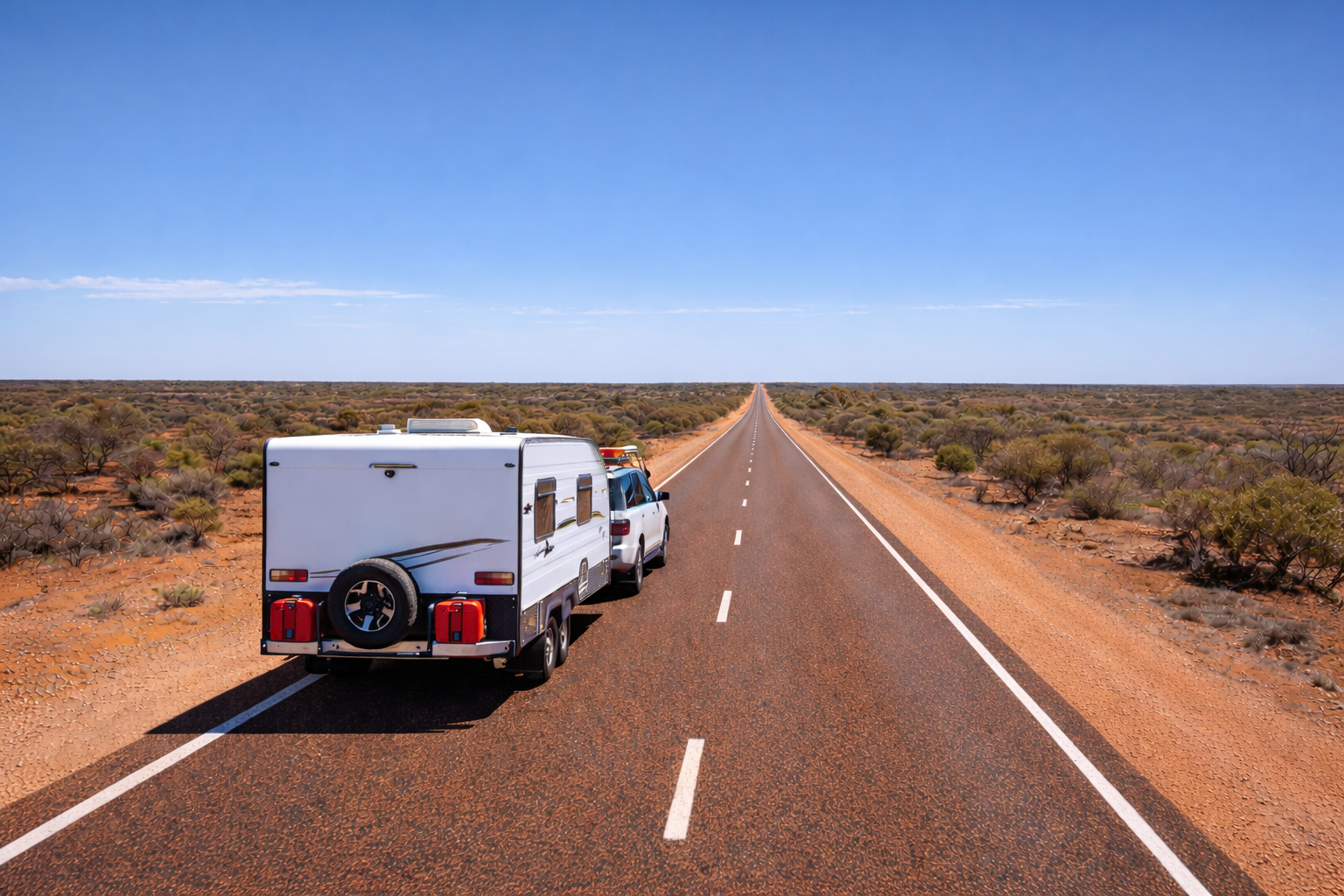 Caravan travelling on a long WA highway