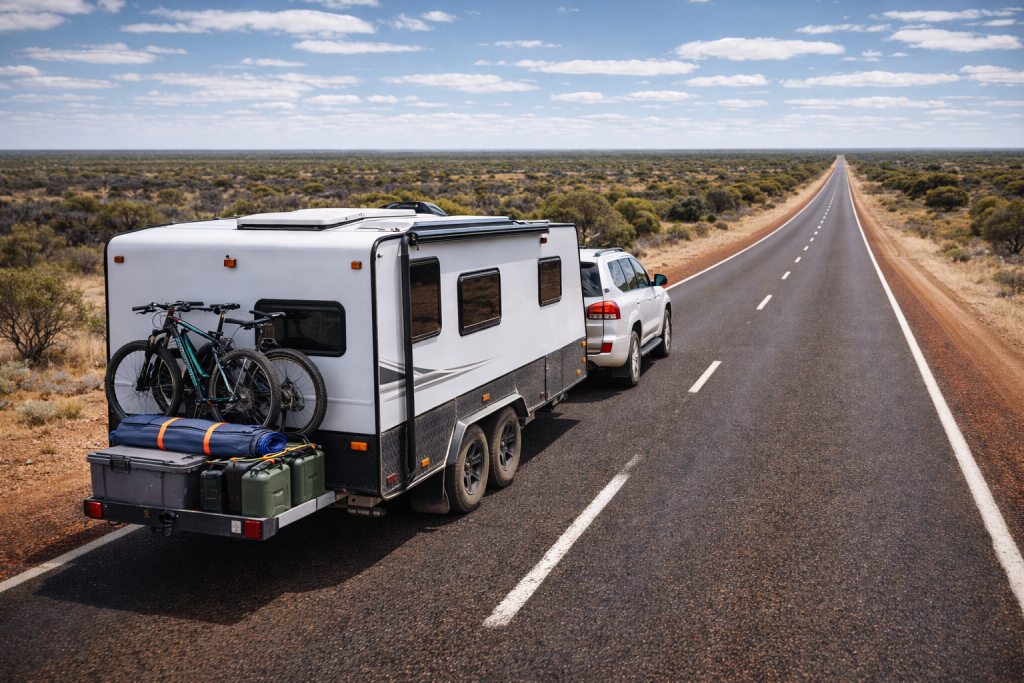 Caravan travelling on a long Western Australian highway
