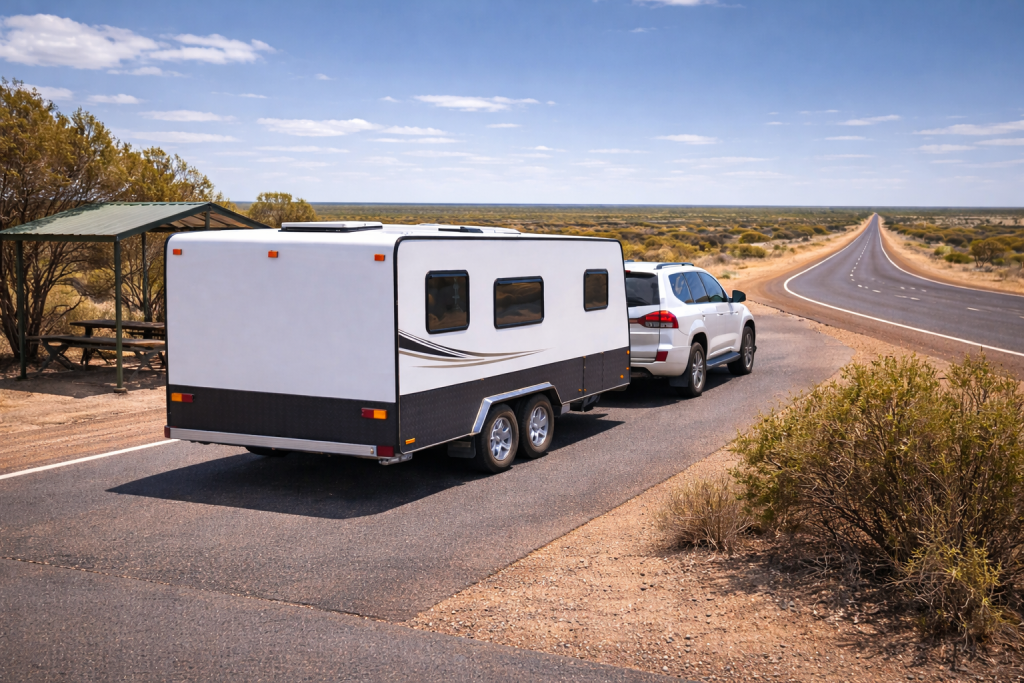Touring caravan travelling on a sealed WA highway