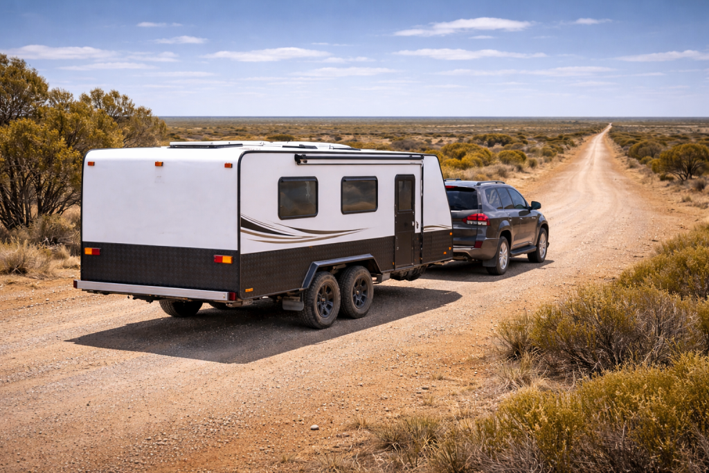 Semi-off-road caravan on a gravel WA road