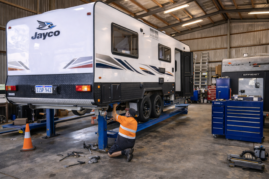 Caravan being serviced at a regional WA workshop