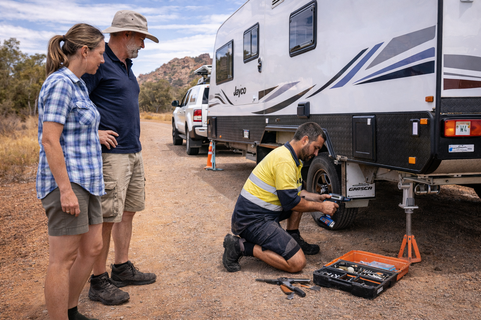 Independent mechanic assisting a caravan traveller in regional WA