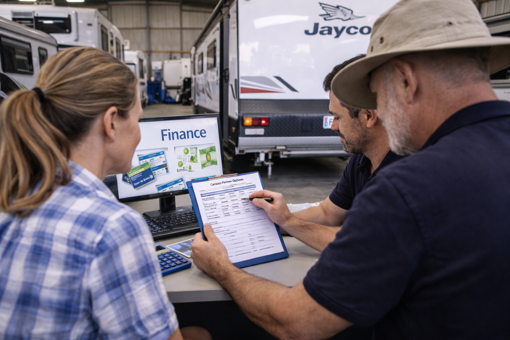 Buyer reviewing caravan finance options at a dealership