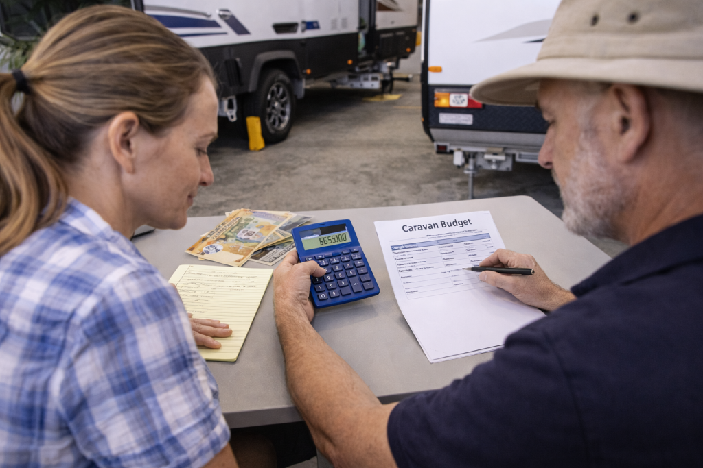 Couple discussing caravan purchase budget in WA